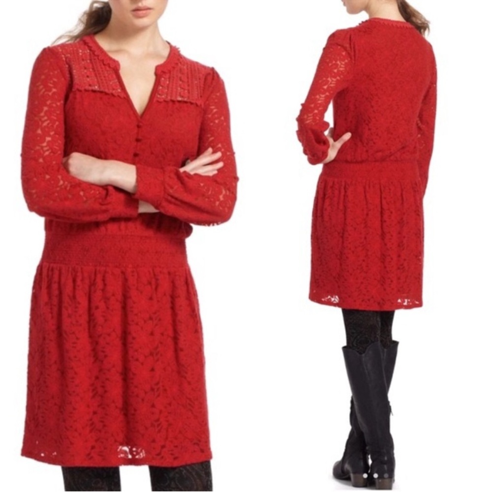 Anthropologie LeifnotesVibrant Red Lace Long Sleeve Dress